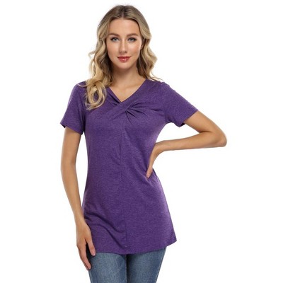 WhizMax Twisted V-Neck Asymmetrical Shoulder Short-Sleeve Top