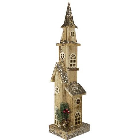 Northlight 20.75" Brown LED Lighted Wooden Glittered Church Christmas