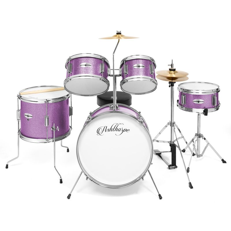 Ashthorpe 5-Piece Complete Junior Drum Set with Brass Cymbals - Advanced Beginner Drum Kit, 2 of 8