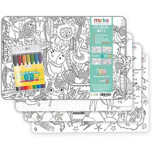 Merka Kids Toddler Essentials Coloring Placemats For Kids, Set Of 4 Mats  With 7 Markers Jungle Space Sea Unicorns : Target