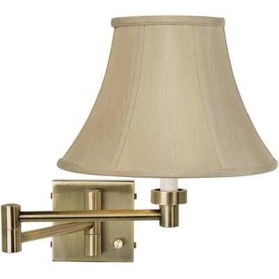 Barnes and Ivy Modern Swing Arm Wall Lamp Antique Brass Plug-In Light Fixture Taupe Fabric Bell Shade Bedroom Living Room Reading