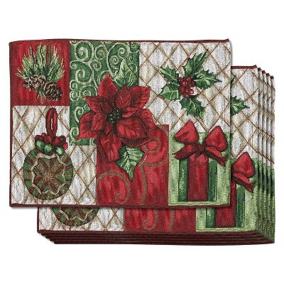 Pack Of 6 Dining Table Placemats - Christmas Kitchen Table Mats - Poinsettia, Gift Box, Pinecone, Christmas Ornament Design, 13.4x17.5"