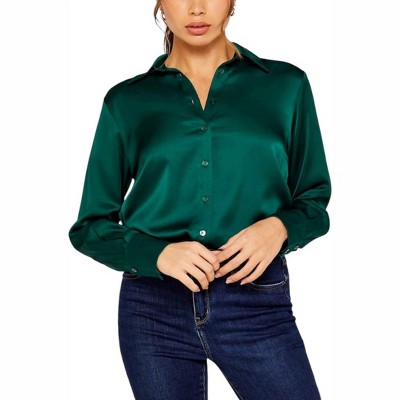 Women's Long Sleeve Satin Button Down Shirt - APRICOT