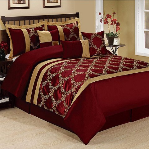 HIG 7 Piece Bed in A Bag Comforter Set Queen Burgundy and Gold Faux Silk Fabric Embroidered Bedding Set