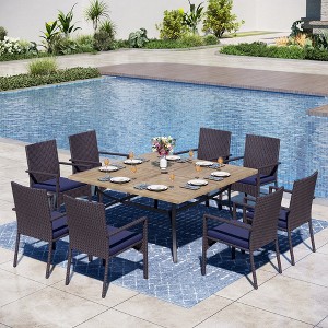 Captiva Designs 9pc Spacious Slat-top Square Metal Table with Umbrella Hole & Armrest Rattan Chairs with Blue Cushions - 1 of 4
