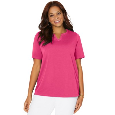 Catherines Women's Plus Size Suprema Embroidered Notch-Neck Tee