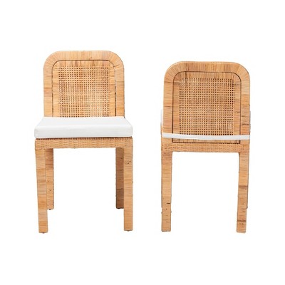 2pc ZariahRattan and Mahogany Wood Dining Chairs White/Natural Brown - Baxton Studio: Handcrafted, Cushioned, No Assembly Required