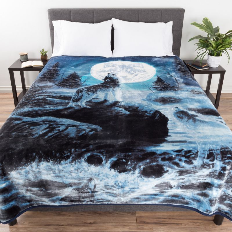 Wolf Blanket - 80x92-Inch Printed Howling Wolf Moon Blanket - Plush Thick 8lb Faux Mink Queen Throw for Couches, Sofas, or Beds by Lavish Home (Blue), 2 of 6