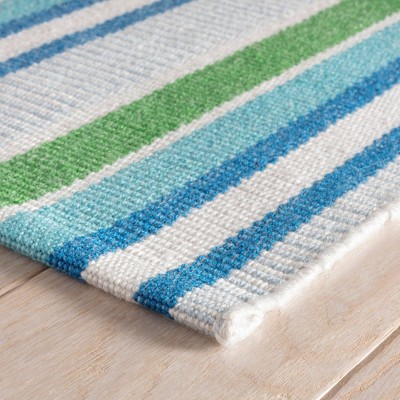 Cobalt and Green Handwoven Cotton Stripe Rug, 8' x 10'
