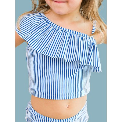 RuffleButts Girls UPF50+ Sun Protected Seersucker One Shoulder Ruffle Tankini 2-Piece Swimsuit - Blue Seersucker, 6 — фото 4