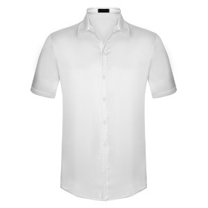 Lars Amadeus Men's Summer Short Sleeve Point Collar Button Down Satin Shirts - 1 of 4
