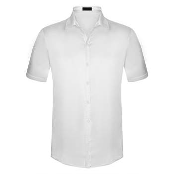 Lars Amadeus Men's Summer Short Sleeve Point Collar Button Down Satin Shirts