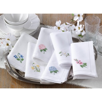 White Cotton Embroidered Hollyhock Hemstitch Napkins, Set of 6