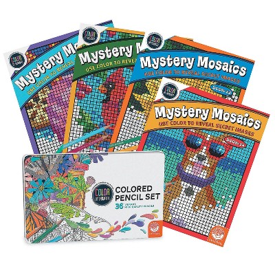 MindWare Color By Number Mystery Mosaics: Books 11 - 14 With 36 Colored Pencils Set - Coloring Books