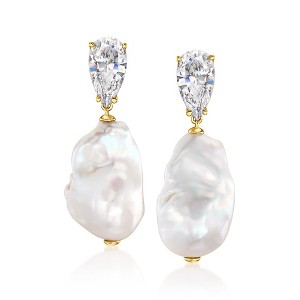 Ross-Simons 18kt Yellow Gold-Plated Drop Earrings With 4.00 ct. t.w. Czs and 13-14mm Cultured Baroque Pearls - 1 of 3