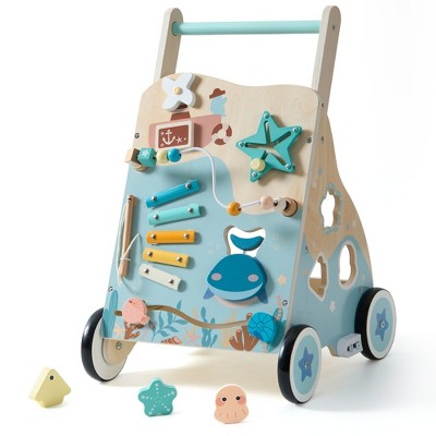 Robotime Dollhouses Wooden Baby Push Walker, Ocean Themed Wooden Baby Walker with Wheels,Push Toy for Boys Girls, Blue, 12.91"*5.04"*15.87"