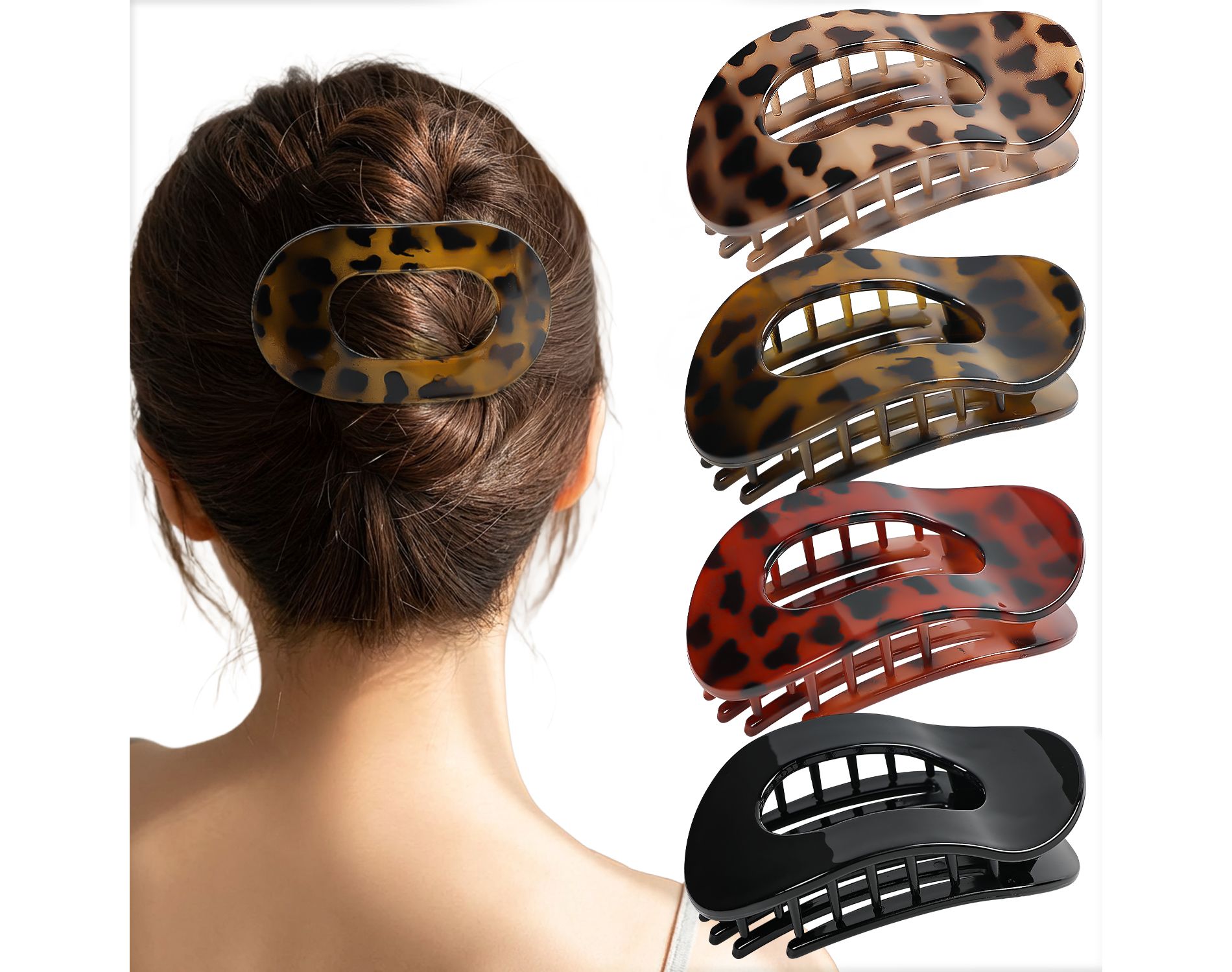 Mber 4 Pack Flat Hair Clips 4" Hair Claw Clips for Thick Hair Thin Hair, Non-Slip Duckbill Hair Clips, Flat Hair Clip Large, Black/Tortoise Brown