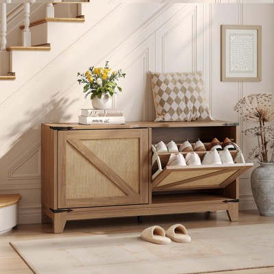 Rattan Shoe Storage Bench Entryway, Shoe Cabinet Bench Narrow Shoe Organizer, Rustic Oak Rattan