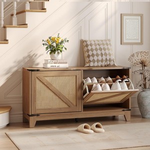 Rattan Shoe Storage Bench Entryway, Shoe Cabinet Bench Narrow Shoe Organizer, Rustic Oak Rattan - 1 of 4
