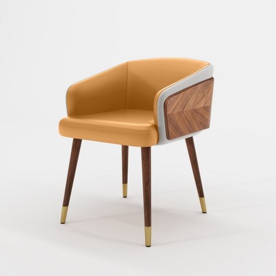 ARTPLAN Mid Century Modern Dining Chair, Faux Leather with Walnut,Uphoolsted Accent Arm Chair,Sitting Chair with Wooden Gold Metal feet