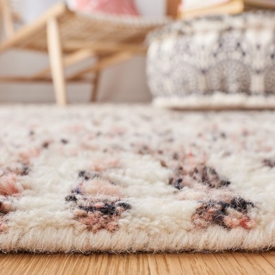 Ivory and Pink Hand-Knotted Wool Runner Rug