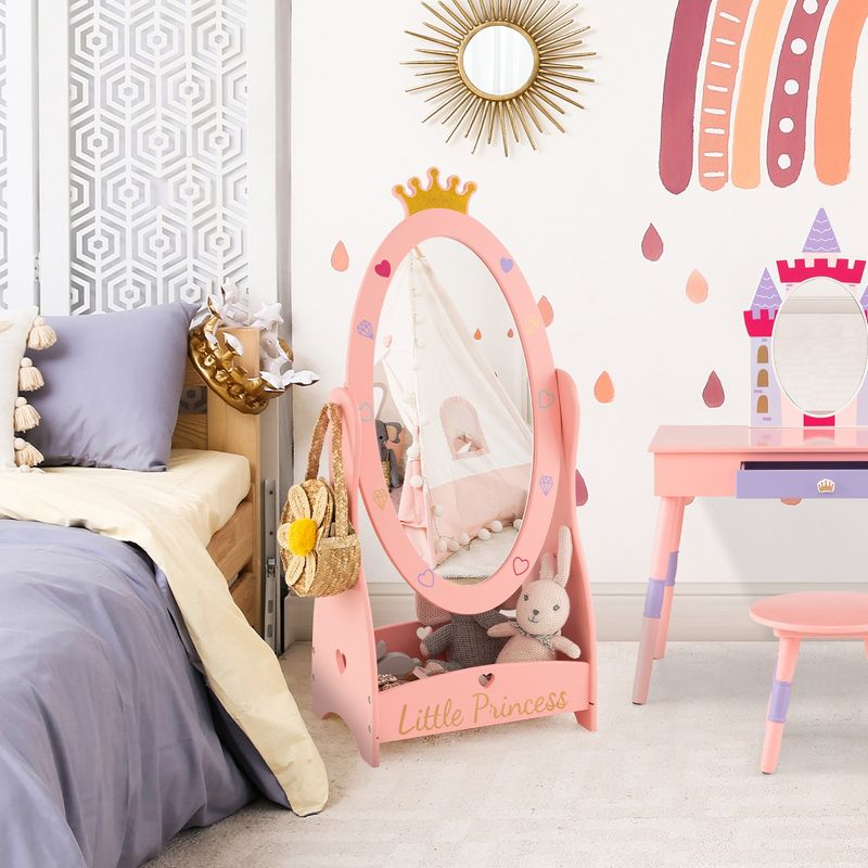 Costway Kids Full Length Mirror Free-Standing 360° Dressing Wooden Princess Storage Pink, 2 of 11