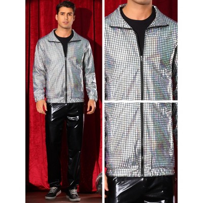 INSPIRE CHIC Holographic Jacket for Men's Metallic Long Sleeve Stand Collar Party Disco Shiny Jackets Silver Small — фото 4