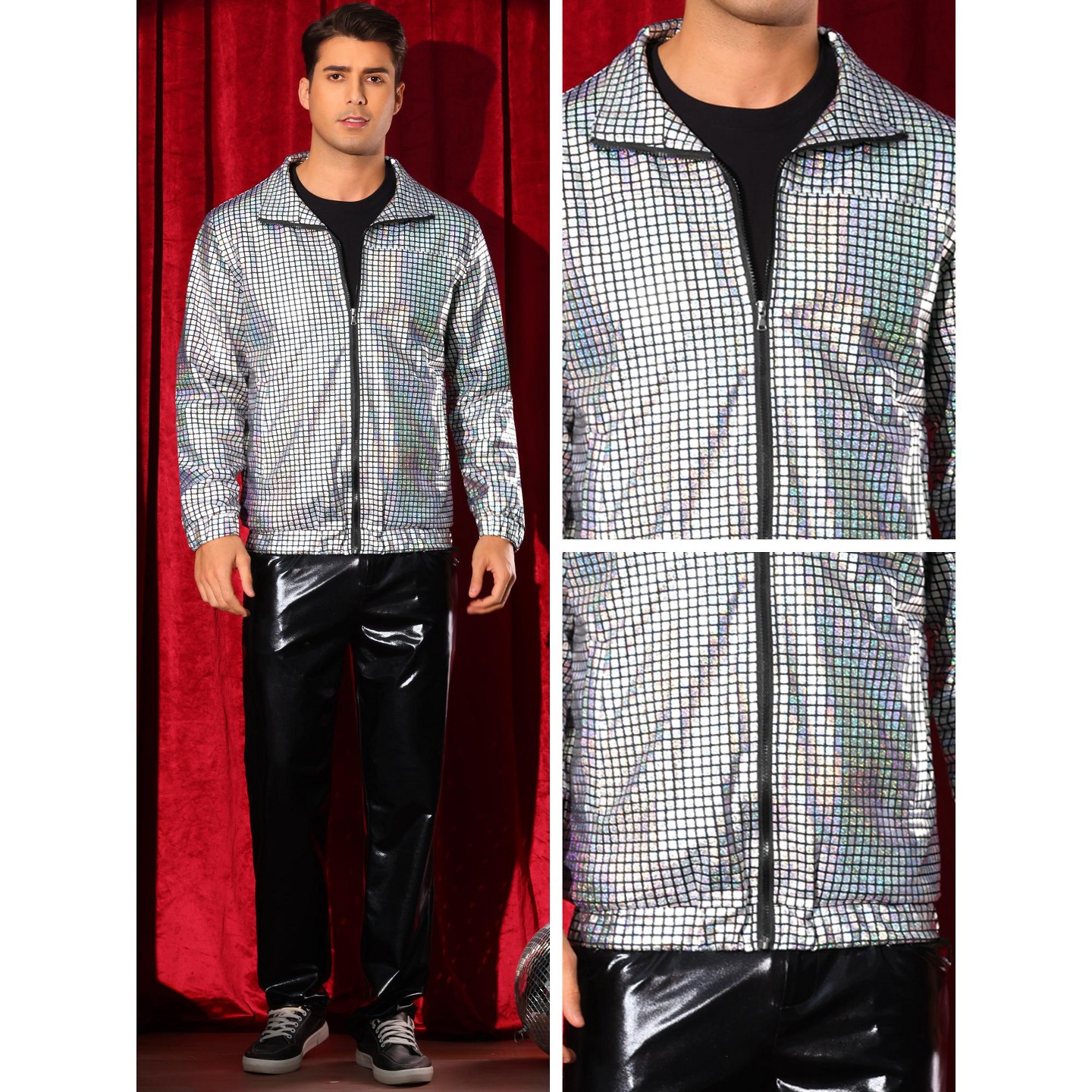 Мужская куртка INSPIRE CHIC Holographic Jacket for Metallic Long Sleeve Stand Collar Party Disco Shiny Jackets Silver, цвет: Серебряный — фото 4