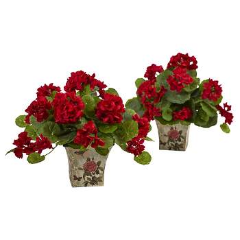 11" Geranium Flowering Silk Plant with Floral Planter (Set of 2) - Nearly Natural