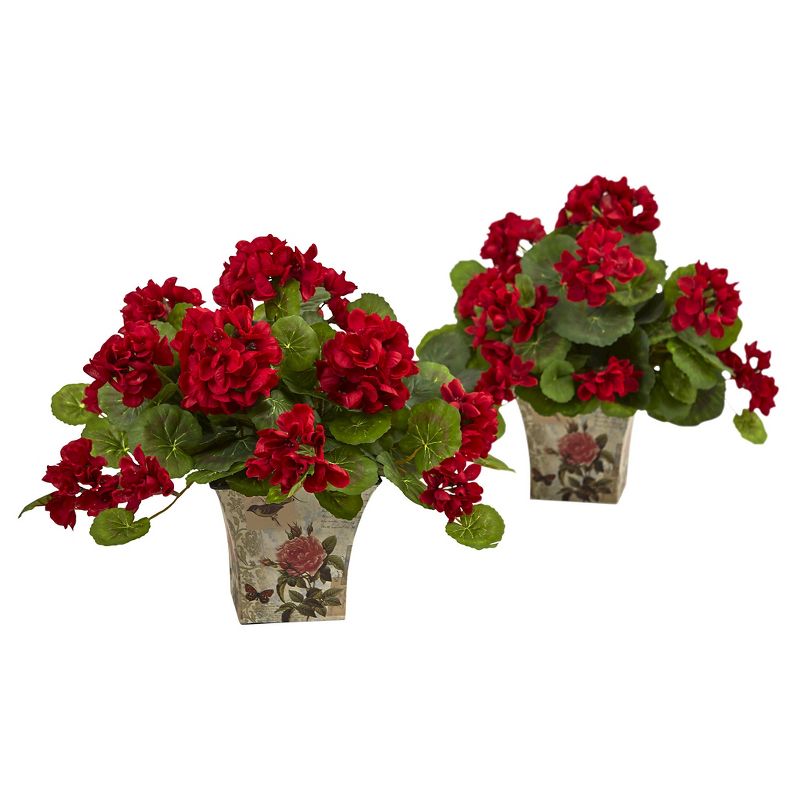 11" Geranium Flowering Silk Plant with Floral Planter (Set of 2) - Nearly Natural, 1 of 5