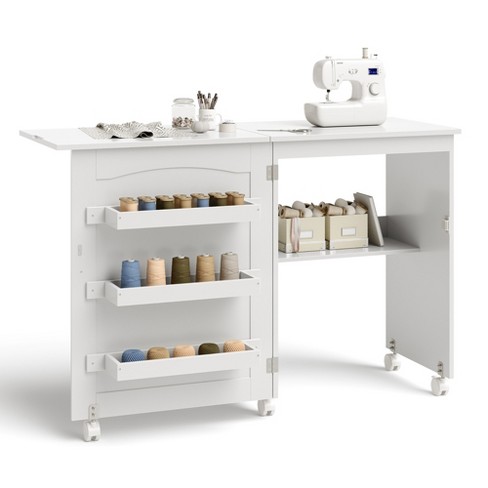 Costway White Folding Sewing Craft Table with Storage Shelves Cabinet  Lockable Wheels