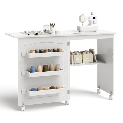 Costway White Folding Sewing Craft Table With Storage Shelves Cabinet  Lockable Wheels : Target