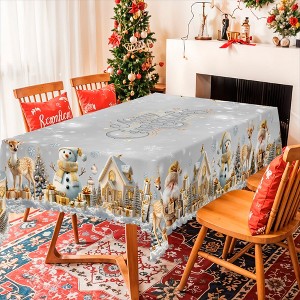 Christmas Tablecloth with Santa, Reindeer and Snowman Designs, Dustproof Dining Table Cover for Festive Holiday Decor - 1 of 4