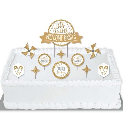 Big Dot of Happiness It's Twins - Gold Twins Baby Shower Cake Decorating Kit - Welcome Babies Cake Topper Set - 11 Pieces