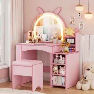 PAKASEPT Kids Vanity Vanity Table & Stool, Makeup Girl Vanity with Lights and Storage Shelves, Dressing Table with LED Mirror - 1 of 4
