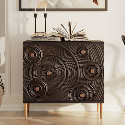 JIONJOY 3-Drawer Black & Gold Nightstand with Wood Grain Detail for Bedroom Decor