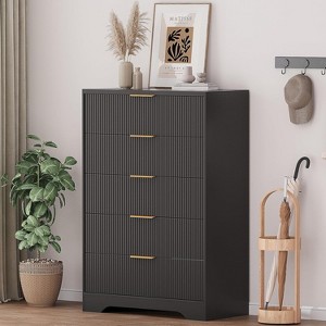 47 Inch Tall Fluted 5-Drawer Dresser with Gold Handles, Wood Tone Finish Storage Cabinet for Bedroom Closet and Entryway, Multi-Use Organizer - 1 of 4
