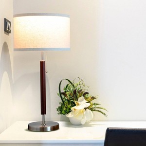 Brightech Carter (Includes LED Light Bulb) Table Lamp Walnut Brown Wood: Mid-Century, Smart Home Compatible, Linen Shade, UL Listed - 1 of 4
