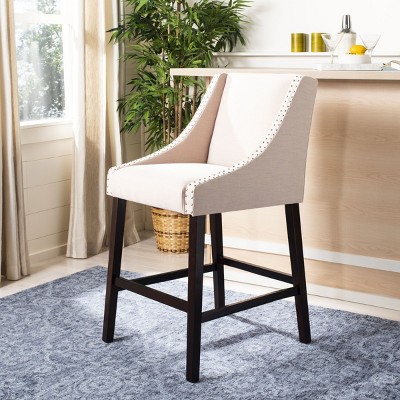 Beige Linen and Espresso Wood Bar Stool