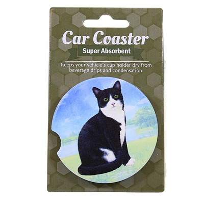 E & S Imports 2.5 Inch Black And White Cat Car Coaster Super Absorbent Coasters
