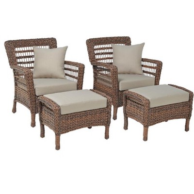Jiallo Modern Concept Faux Sea Grass Resin Rattan Relaxing Set of 2 Armchairs and 2 Ottomans