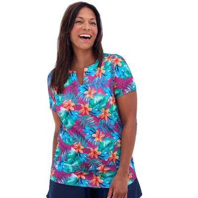 Swim 365 Women's Plus Size Split-neck Short Sleeve Swim Tee With Built-in  Bra - 36, Electric Iris Hibiscus : Target