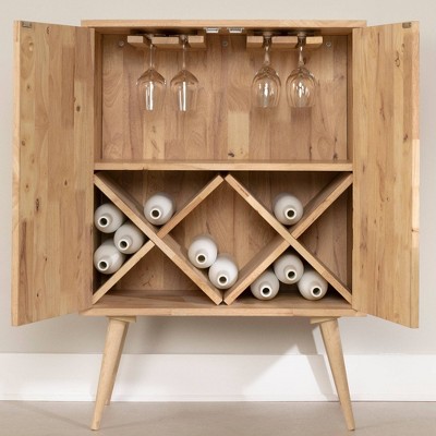 Scandinavian Natural Wood Buffet with Wine Glass & Bottle Storage