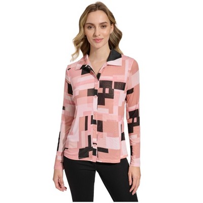 Calvin Klein Womens Geometric Printed Mesh Button Up Shirt, Pink, X-Large