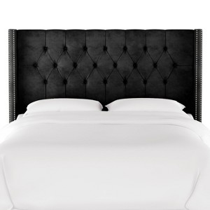 Twin Louis Diamond Tufted Wingback Headboard Black Velvet with Pewter Nail Buttons - Skyline Furniture