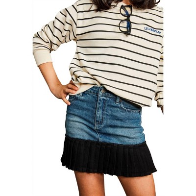 Girl Mixed Denim Pleated Hem Mini Skirt - tractr