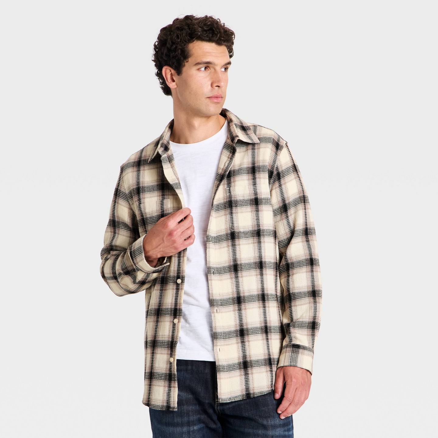 Мужская рубашка Goodfellow & Co Denim Long Sleeve Plaid Layer Button-Down, цвет: Джинсовый — фото 1