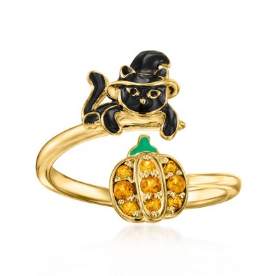Ross-Simons 0.10 ct. t.w. Citrine Pumpkin and Black Enamel Cat Ring in 18kt Gold Over Sterling Size 6