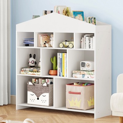 9 Cubby Kids Bookshelf Toy Storage Organizer 40.7in Width White Bookcase Toddlers Playhouse Cabinet Shelf Wooden Cube Toy Shelf
