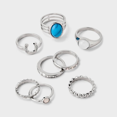 Clear Stone and Four Thin Ring Set 5pc - A New Day™ Silver 8